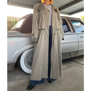 Vintage Fleet Street  Beige Long Trench Coat Cinch Waist Suede Trim Plaid Lined